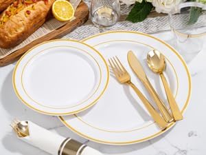 WELLIFE 700 Pcs Gold Plastic Plates for 100 Guests - Disposable Dinnerware Set,Party Supplies Includes 200 Gold Plates,300 Plastic Silverware,100 Napkins,100 Cups for Party and Wedding - Image 6