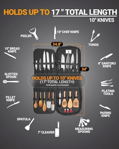 Chef Knife Bag | Premium Knife Case | Waterproof Material | Chefs Case with 30+ Pockets for Knives & Utensils | Culinary Gifts For Chefs & Students | Sturdy Travel Knife Bag (Black) - Image 6