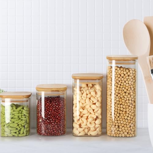 Qinyoung 12 Pcs Glass Storage Jars Airtight Bamboo Lids Glass Food Containers, 4 Sizes (0.5/0.6/0.8/1 Qt) Clear Square Pantry Organization Stackable for Pasta Candy Cookie Kitchen Food Cereal Coffee - Image 6