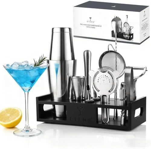 ETENS Cocktail Shaker Set Drink Mixer Bar Accessories – 15Pcs Mixology Bartender Kit Includes Boston Shaker, Japanese Jigger, Strainer, Bottle Opener, Cocktail Mixing Spoon – Handcrafted Wood Stand - Image 7