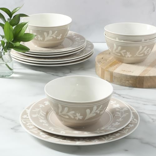 Martha Stewart Dinnerware Set - Maiden Crown 12-Piece Dish Set, Taupe – New Bone China Ceramic Plates & Bowls – Floral Design – Service for 4 – Microwave & Dishwasher Safe - Image 6
