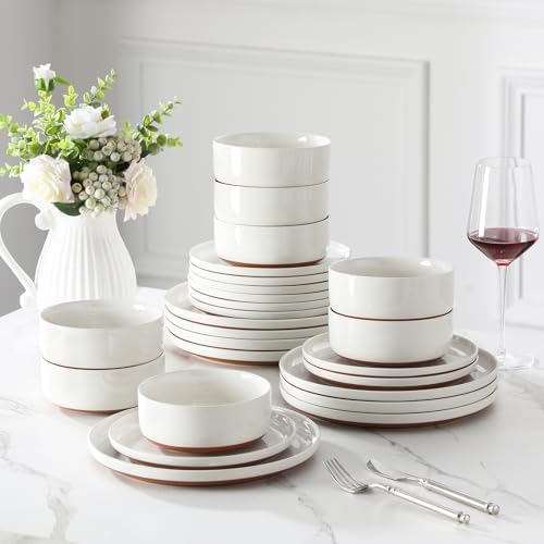 MALACASA Plates and Bowls Sets, 24 Pieces Modern Ceramic Dinnerware Set for 8 Kitchen Stoneware Dishes Dishware Set Microwave and Dishwasher Safe, White, Series TARA - Image 6