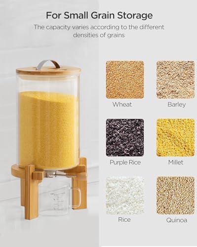 HBlife Glass Rice Dispenser with Wooden Stand Flour and Cereal Container with Glass Measuring Cup Pantry Food Organization Storage Bin with Airtight Bamboo Lid, 3L+5L - Image 6