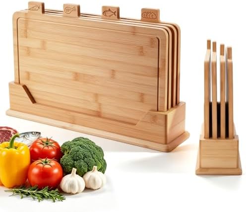 Labeled Bamboo Cutting Board Set with Storage Rack, 4-Piece Bamboo Chopping Boards for Meat, Fish, Bread & Vegetables, Kitchen Countertop Organizer with Holder, 19.9" x 4.7" x 12.6" - Image 7