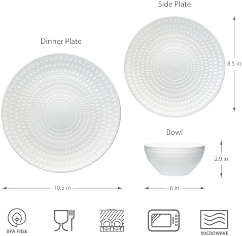 BZYOO Ceramic Dinnerware Set Serive for 4 (12 Pieces), Stoneware Plates and Bowls for Dining Pearl White Dishes Set With DOTDOT Design, Microwave Safe (12 PCS Dishes and Bow set, Bijou Collection) - Image 6