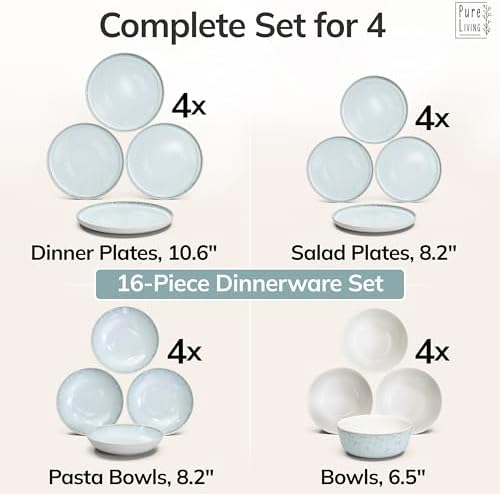 16 Piece Stoneware Dinnerware Set for 4, Handcrafted Plates and Bowls Set - Image 6