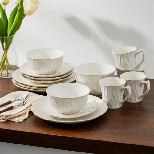 Ceramic Dinnerware Sets for 6, 24 pcs Plates and Bowls Sets, Reactive Glaze Ceramic Dish Set, Scratch Resistant, Microwave & Dishwasher Safe, Highly Chip and Crack Resistant Dishware sets, Cream White - Image 7