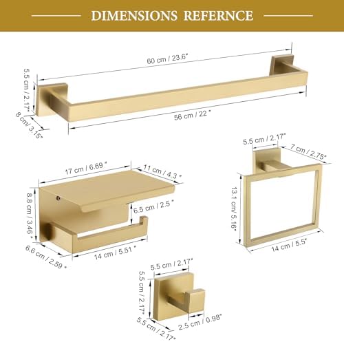 6-Piece Bathroom Hardware Set 23.6 Inch Gold Towel Bar Set Double Towel Bar Towel Ring Coat Hook and Toilet Paper Holder with Shelf Wall Mounted Stainless Steel Bathroom Accessories Set - Image 7