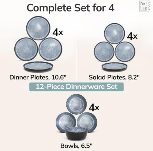 12 Piece Stoneware Dinnerware Set for 4, Handcrafted Plates and Bowls Set - Image 6