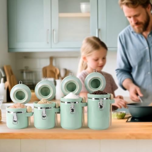 4 Piece Airtight Ceramic Canister Set With Attached Wooden Spoon Reusable Chalk Labels For Dry Goods Sugar Coffee Tea Kitchen Storage Use (Mint Green) - Image 7