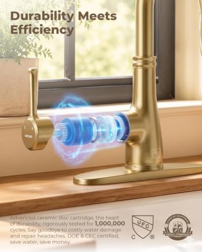 WEWE Brushed Gold Kitchen Faucet with Pull Down Sprayer, Champagne Bronze Copper Single Handle Single Hole Kitchen Sink Faucet - Image 7