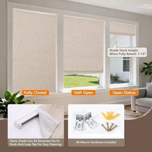 Aimnid Cordless Linen Roman Shades for Windows, Blackout Light Filtering Roman Blinds, Custom Washable Fabric Roman Window Shades for Windows, French Doors, Kitchens, Pure Linen - Image 6