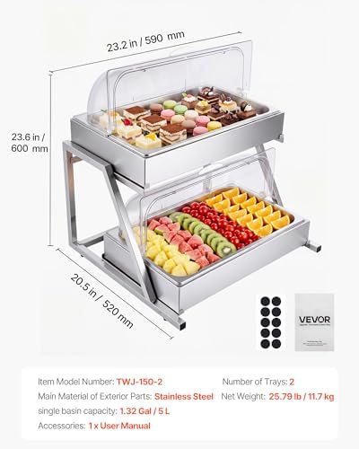 VEVOR Countertop Food Serving Display Container, 2 Tier Stainless Steel Food Salad Server Tray, Buffet Condiment Dispenser, Ice Cooled Rack with Clear Roll Top Cover, for Restaurant Hotel (1/1 Pan x2) - Image 7
