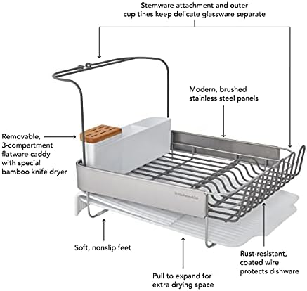 KitchenAid Full Size Compact to Full Capactiy Expandable Rust Resistant Dish Rack, with Self Draining Angled Drainboard and Removable Flatware Caddy, 24-Inch, White - Image 6