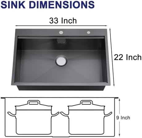 33x22 Inch Black Drop In Kitchen Sink - VAPSINT 33 Inch Top Mount Single Bowl 9 Inch Deep Handmade Workstation Sink in Gunmetal Stainless Steel with Cutting Board & Strainer - Image 6