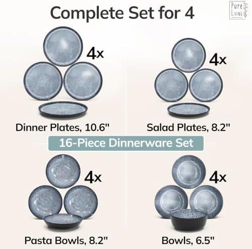 16 Piece Stoneware Dinnerware Set for 4, Handcrafted Plates and Bowls Set - Image 6