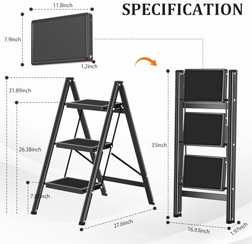 DIAMONDFORGE 3 Step Ladder, Folding Step Stool with Anti-Slip Wide Pedal, Soft Handle, Anti-Slip Feet, Sturdiest Steel Construction, 500lbs Capacity Steel Ladder for Home and Office, Black - Image 7