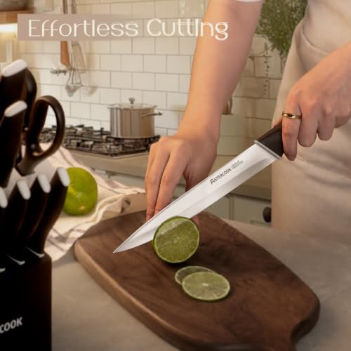 Astercook Knife Set, Kitchen Knives with Block and Sharpener 15 Pcs German Stainless Steel Sharp Blade Dishwasher Safe with Ergonomic Handle, Elegant Black - Image 6