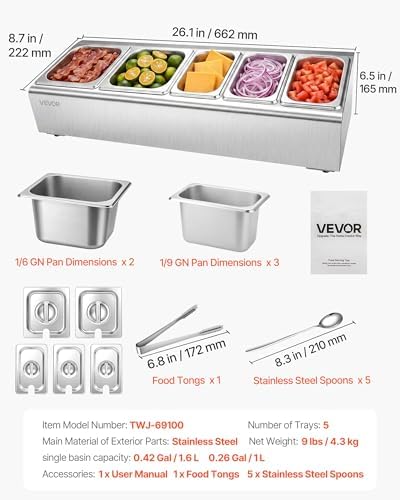VEVOR Countertop Food Serving Display Container, Stainless Steel Food Salad Server Tray, Buffet Condiment Dispenser, Ice Cooled Rack with Separate Lid, for Restaurant Hotel Kitchen (2x1/6+3x1/9 Pan) - Image 7