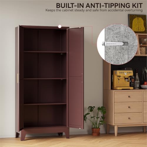 COFaR 61" Metal Storage Cabinet with Doors and Adjustable Shelves, Tall Pantry Cabinet Freestanding Kitchen Pantry Storage Cabinet, Steel Cupboard for Bathroom, Living Room & Office, Reddish Brown - Image 7