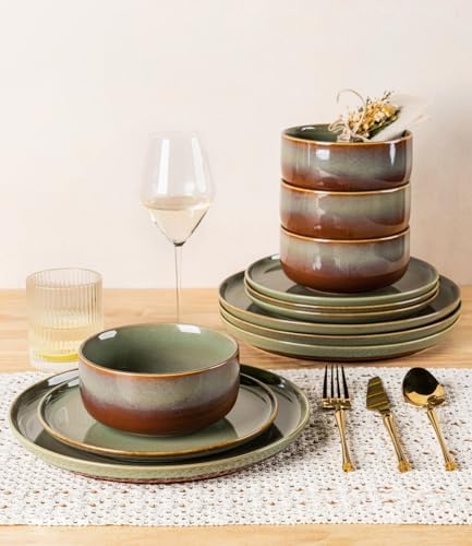 TheTerra Ceramic Dinnerware Set for 4, 12-Piece Plates and Bowls Set - Image 6