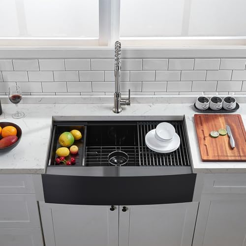 VAPSINT 33 Inch Black Farmhouse Kitchen Sink, 33x20x9 Inches Stainless Steel Undermount 16 Gauge Deep Single Bowl Apron Front Workstation Ledge Farm Sink with Accessories - Image 7