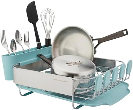 KitchenAid Compact Space Saving Rust Resistant Dish Rack with Removable Flatware Caddy and Angled Self Draining Drainboard, 12.63 x 15.87 x 5.54 Inch, Mineral Water - Image 7