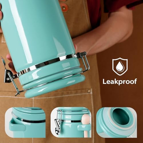 4 Piece Airtight Ceramic Canister Set With Attached Wooden Spoon Reusable Chalk Labels For Dry Goods Sugar Coffee Tea Kitchen Storage Use (Turquoise) - Image 6