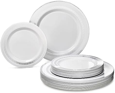 OCCASIONS 240 Plates Pack,(120 Guests) Heavyweight Premium Wedding Party Disposable Plastic Plates Set -120 x 10.5'' Dinner + 120 x 7.5'' Salad/Dessert (Lace in White & Silver) - Image 6
