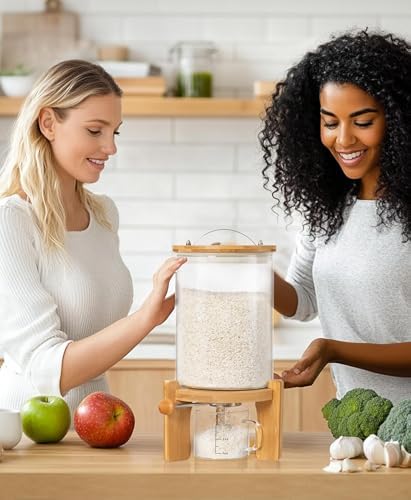 HBlife 5-7 Lbs Glass Rice Dispenser with Wooden Stand Flour and Cereal Container with Glass Measuring Cup Pantry Food Organization Storage Bin with Airtight Bamboo Lid, 3L - Image 6