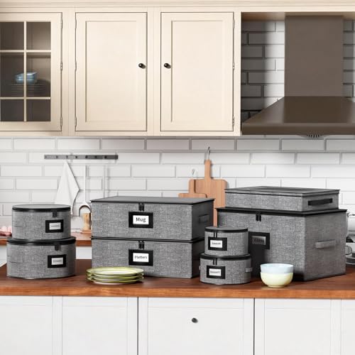 Aokeyee 8-Piece China Storage Containers Set, Hard Shell Moving Boxes for Dishes, Plates, Mugs, Wine Glass & Flatware – Dinnerware Organizer with Soft Felt Dividers, Sturdy Handles & Zippers, Grey - Image 6