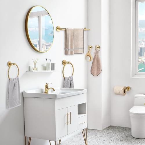 TQKAG Brushed Gold Bathroom Hardware Set 6-Piece Bathroom Accessory Set 23.6 Inch Round Stainless Steel Towel Bar Set Wall Mounted - Image 7