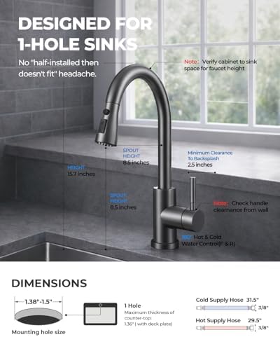 WEWE Pull-Down Kitchen Faucet, 3-Mode Sprayer, Matte Gray, Stainless Steel - Image 6