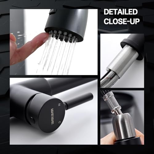 WEWE Pull-Down Kitchen Faucet, 3-Mode Sprayer, Matte Black, 2 Set - Image 6