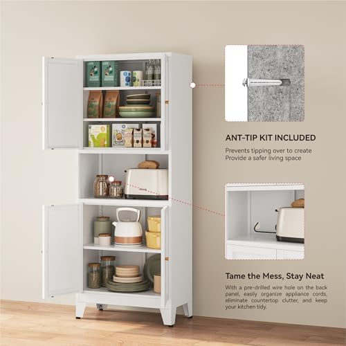 YAUWOH 69" Tall Metal Kitchen Pantry Cabinet with Microwave Shelf, 4 Doors & 3 Adjustable Shelves, Heavy Duty Food Storage Cabinet with Anti-Tip Design for Kitchen,Dining Room (1PC,White) - Image 6