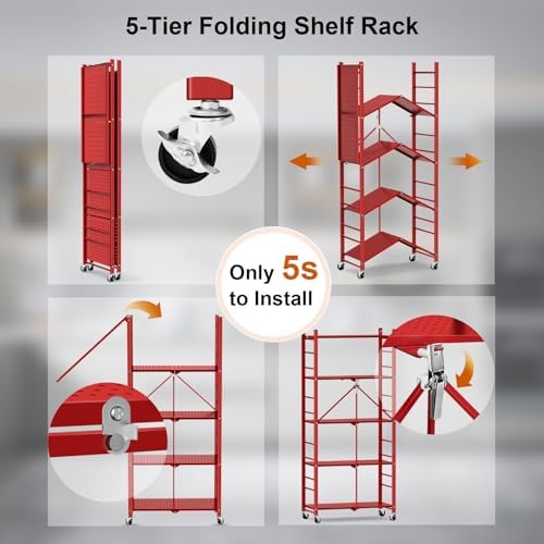 Himix 5-Tier Foldable Storage Shelf 20 Hooks Wheels Garage Red No Assembly - Image 6