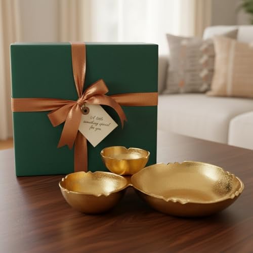 3 Cluster Decorative Bowls Bright Gold Brass Snack Tray Bowl Chip & Dip Serving Piece Strong Centerpiece Beautiful Room Accent & Entertaining Parties Home Decor Wedding Gifts 14.6 Inch Decorative Gift - Image 7