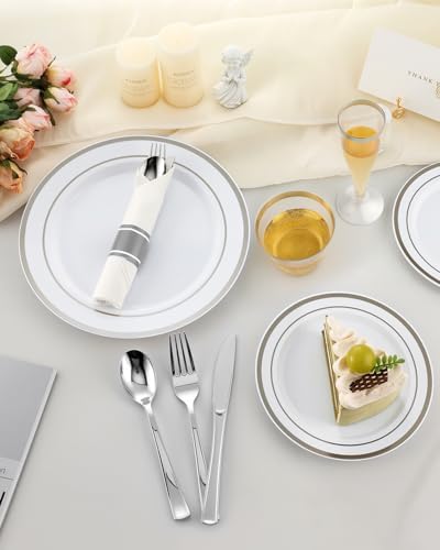 Goodluck 320 PCS Disposable Silver White Plastic Dinner Plate for 40 Guests - Image 6