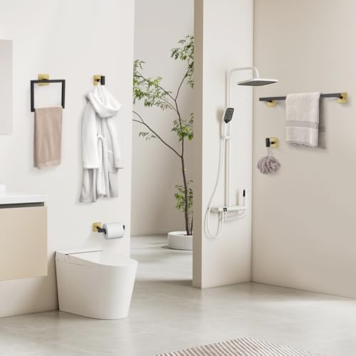 YACVCL Towel Bar Set, 5-Piece Black and Gold Bathroom Hardware Set, Black&Gold Bathroom Accessories Set, SUS304 Stainless Steel 23.6 Inch Towel Holder Towel Racks Set Wall Mounted - Image 7