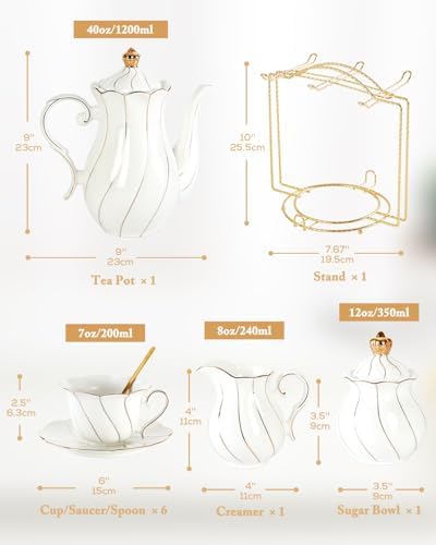 DUJUST 22 pcs White Porcelain Tea Set for 6, Luxury British Style Tea/Coffee Cup Set with Golden Trim, Beautiful Tea Set for Women, Tea Party Set, Gift Package (With a Stand) - Image 6