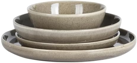 Gibson Elite Berea 16 Piece (Service for 4) Plates and Bowls Reactive Glaze Round Dishes Stoneware Ceramic Dinnerware Set -Taupe - Image 7