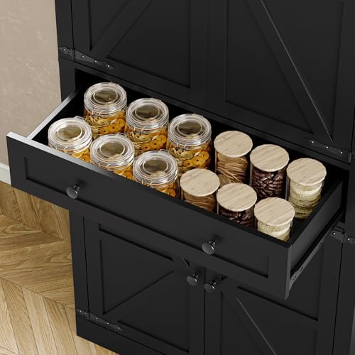 BORNOON Pantry Organizers and Storage Cabinet, 67.7” Barn Door Black Kitchen Cabinet with Drawers and Adjustable Shelf, Tall Pantry for Kitchen, Dining Room, Living Room - Image 6