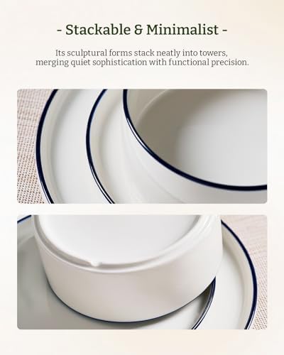 Famiware Porcelain 24-Piece Dinnerware Set, White with Blue Trim - Image 6