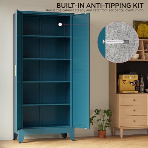 COFaR 71" Metal Pantry Cabinet in Peacock Blue, 5-Tier Storage with Adjustable Shelves, Modern Statement Cupboard for Kitchen, Bathroom & Living Room - Image 6