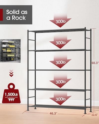 Sakugi Storage Shelves - 5 Tier Shelf Organizer, Heavy Duty Garage Shelving Unit with Leveling Feet, Stable Metal Shelves Organizer for Pantry, Kitchen and Closet, 46.3" W x 12.6" D x 60.3" H, Black - Image 3