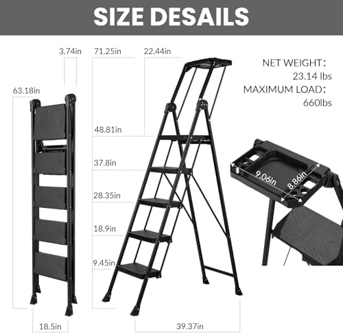 XinSunho 5 Step Ladder, Heavy Duty Steel with Foldable Handrail & Tool Tray - Image 7