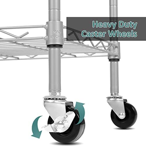 Homdox 6-Tier Storage Shelf Wire Shelving Unit Free Standing Rack Organization with Caster Wheels, Stainless Side Hooks, Silver Gray - Image 6