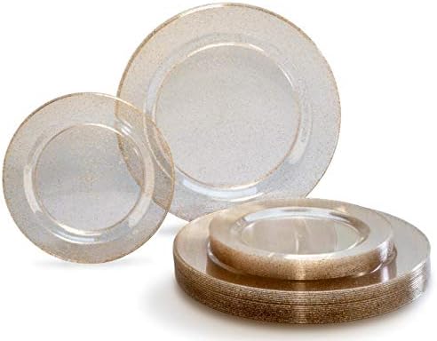 OCCASIONS 100 Plates Pack,(50 Guests) Heavyweight Premium Wedding Party Disposable Plastic Plates Set -50 x 10.5'' Dinner + 50 x 7.5'' Salad/Dessert (Seasons Clear/Gold Glitter) - Image 5