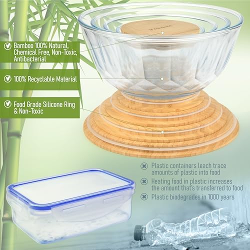 Large Stackable Glass Mixing Bowls with Bamboo Lids Set of 5 - Image 7