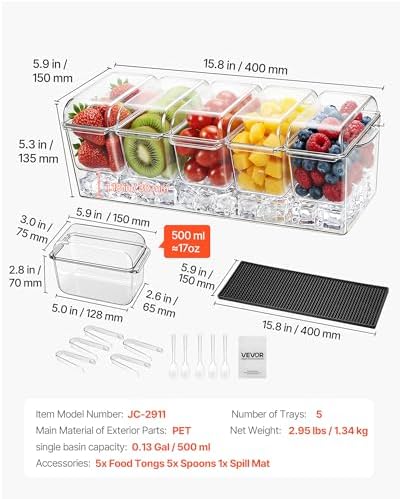 VEVOR Chilled Condiment Server Caddy, 5 Compartment Ice Cooled Serving Container, Plastic Fruit Garnish Tray Platter with Separate Lid, for Taco Salad Bar Accessories, Party Home Restaurant Supplies - Image 7
